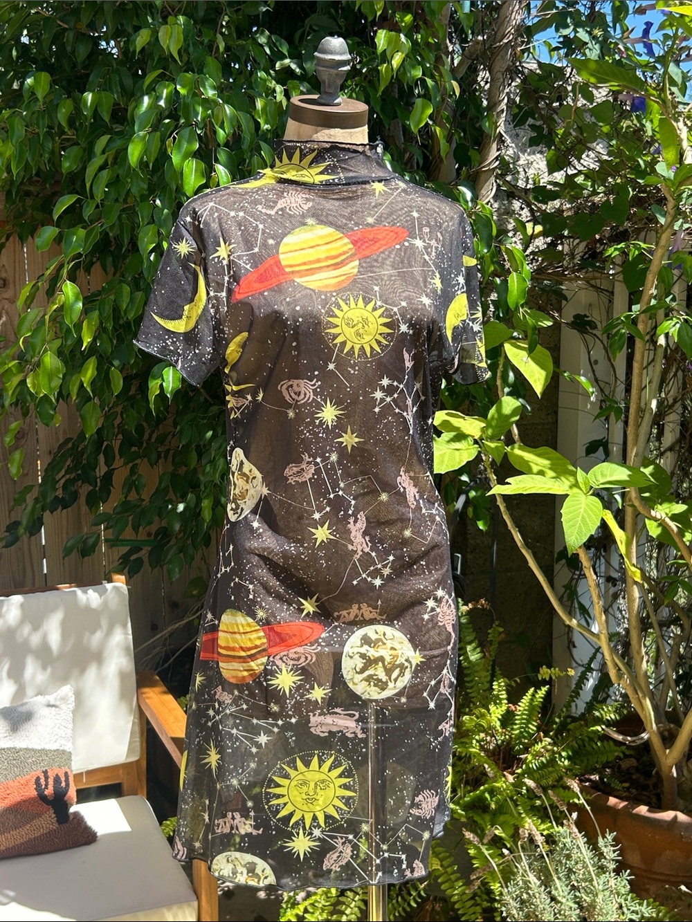 Celestial Print Button-Up Dress in Black with Yellow & Red Accents